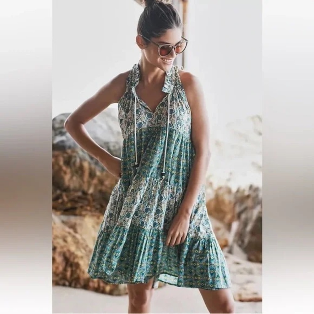 EUC Ro’s Garden Sophia Block Print Tiered Swing Dress Green White, XS